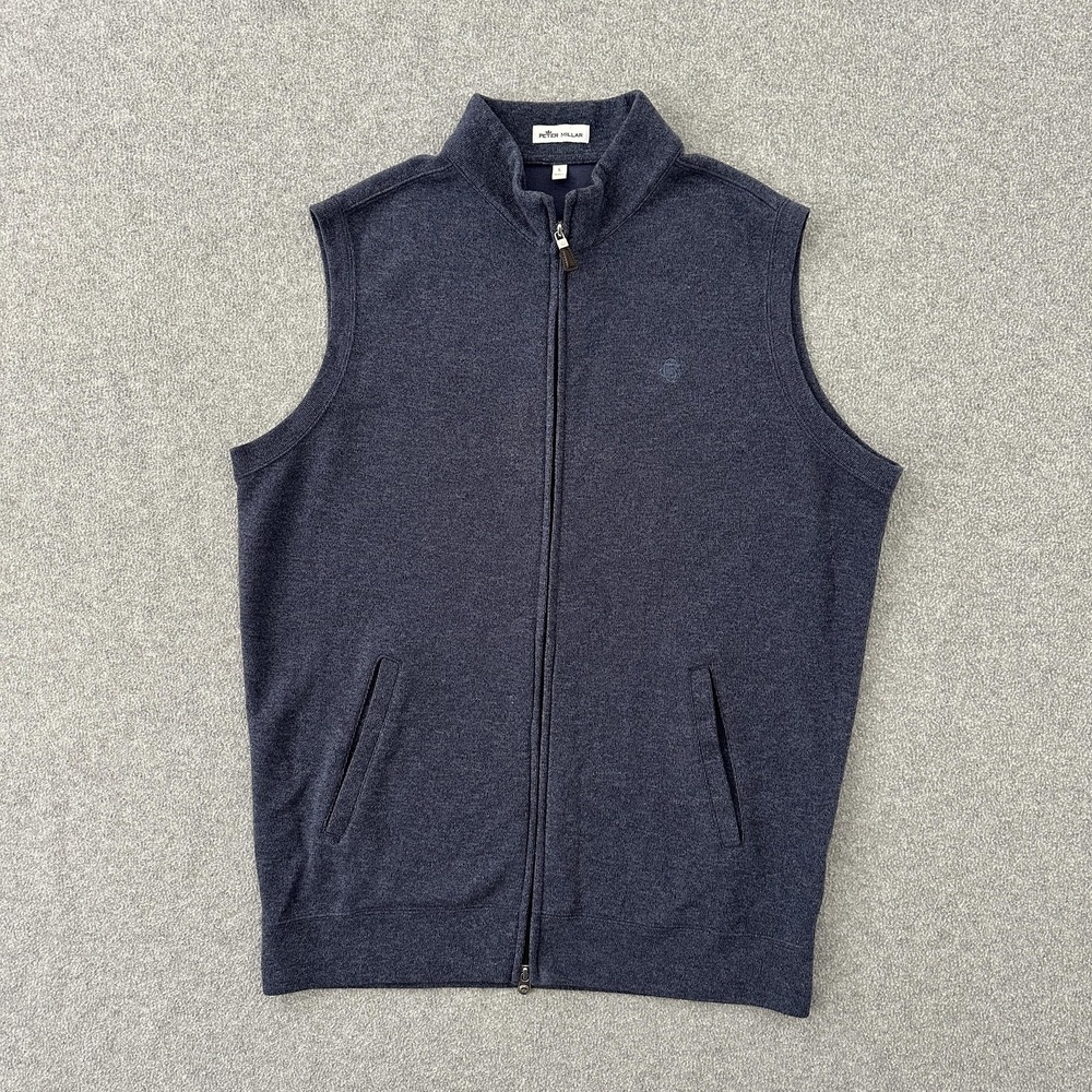 Oakmont Peter Millar Sweater Vest Men L Blue Full Zip Mock Neck Knit Golf Layer
